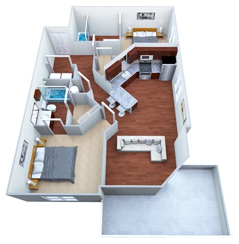 Floor plan for 2 beds, 2 baths, 932 sqft
